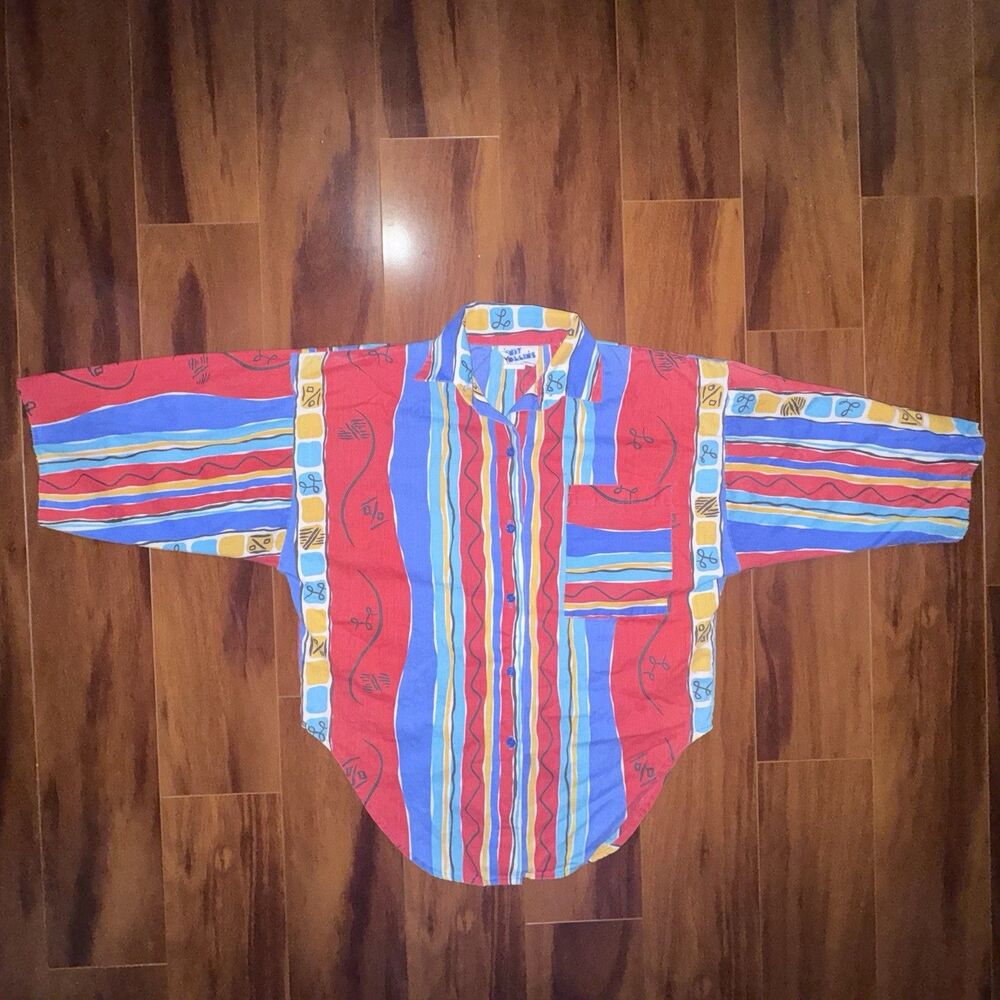 Vintage 80s Cindy Collins Abstract Geometric Dolman Button Shirt M USA 50/50